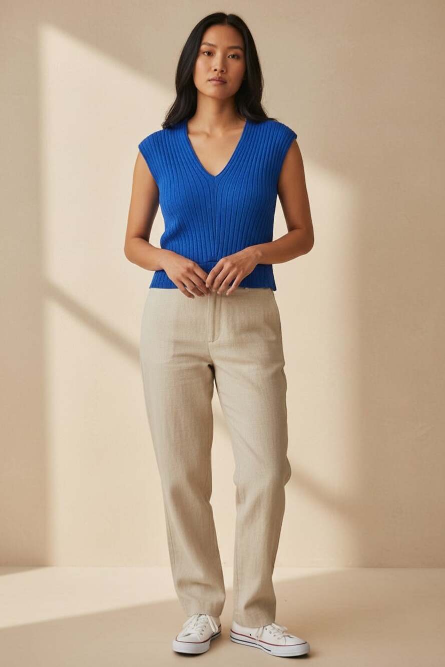 Mango Suit Blue Ribbed Knit Sleeveless Sweater Vest V-Neck Minimalist Size M
